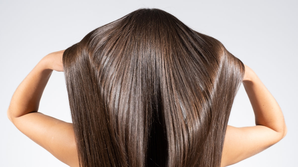 Woman with long shiny straight hair, back of head view
